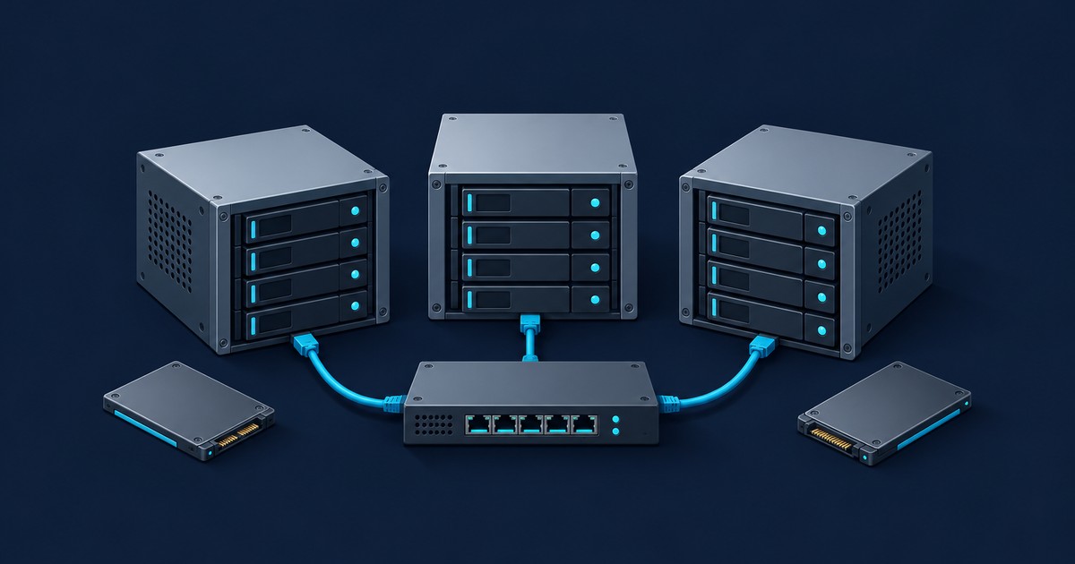 Three compact storage servers with four drive bays each, cabled with blue Ethernet to a small network switch and flanked by two SSDs on a dark navy background